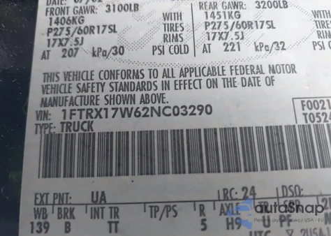 2002 Ford F-150 Lariat/Xl/Xlt z USA, uszkodzony, nr VIN 1FTRX17W62NC03290